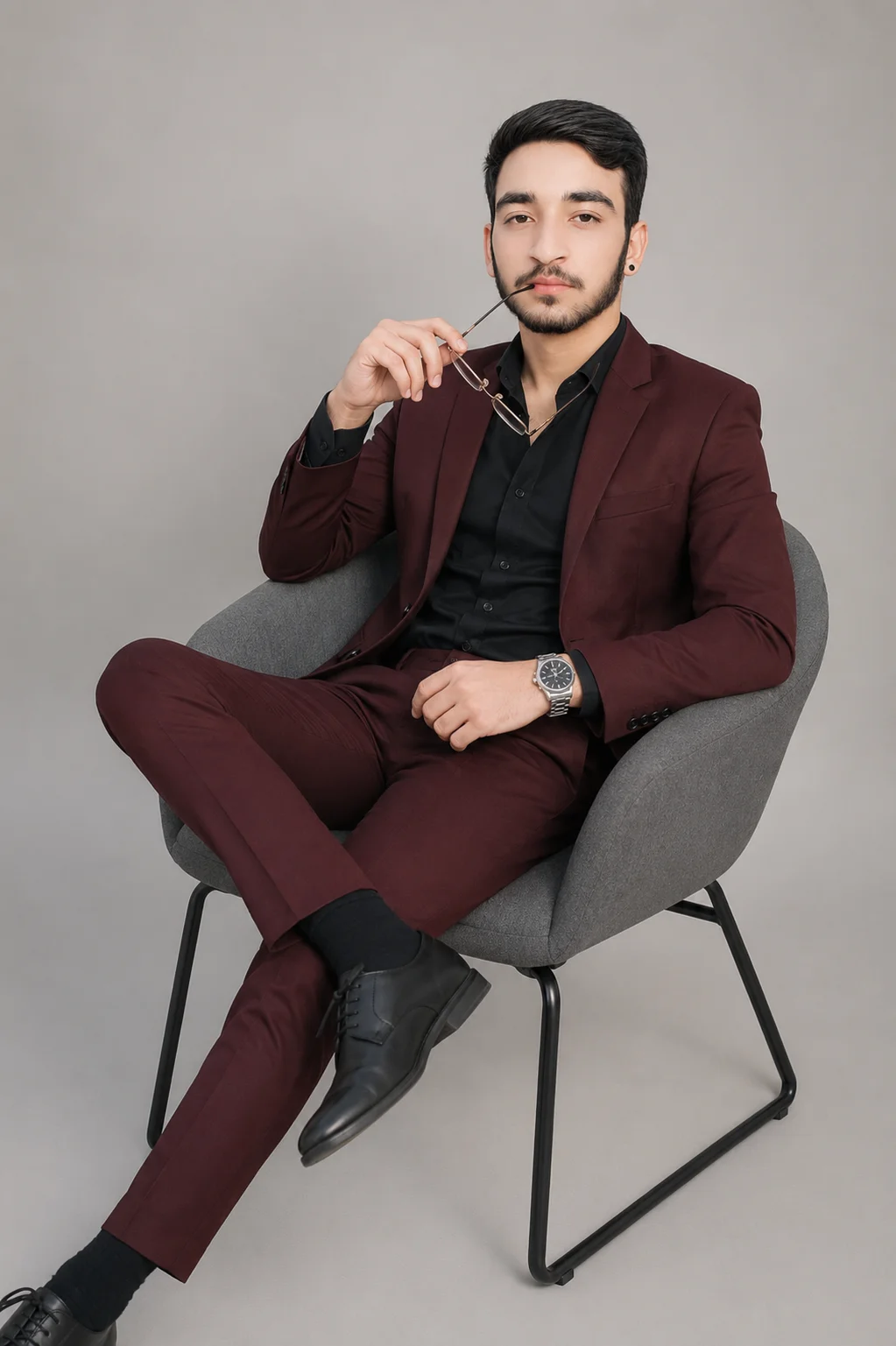 Burgundy Suit Thoughtful Male Studio Portrait Prompt preview