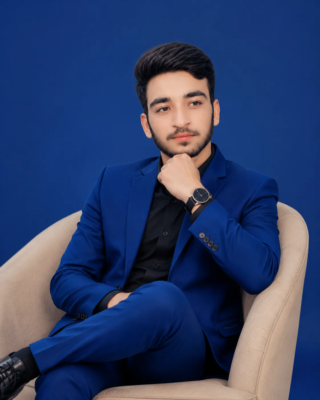 Royal Blue Suit Monochromatic Studio Male Portrait Prompt preview