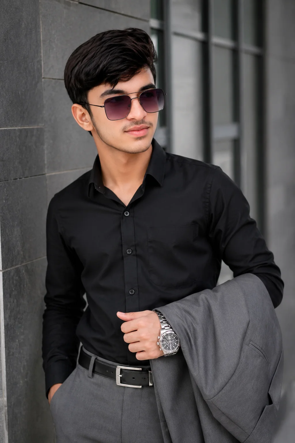 Fashion Editorial Portrait | Stylish Teen Boy in Grey & Black preview